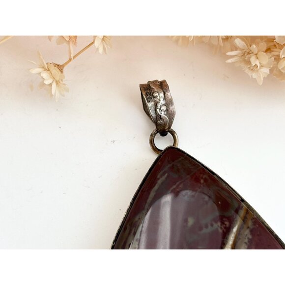 Kaleidescope Burgundy Jasper Teardrop Shaped Sterling Silver Vintage Pendant - Picture 3 of 11